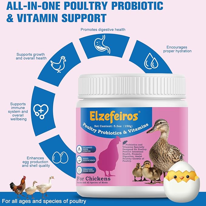 Chicken Probiotic & Vitamin Supplement for Immune Support & Egg Production,Digestive Aid and Hydration Support,Poultry Supplement for Chickens and Ducks and All Ages of Birds(5.3oz)
