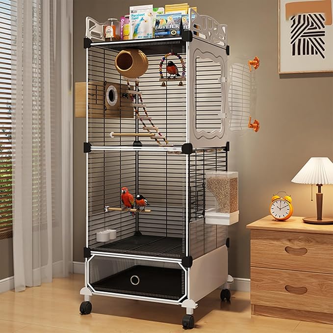 Large Parrot Cage with Acrylic Doors, 4 Casters, Perch & Feeder, Detachable Drawer, Ideal for Cockatiels, Budgies, Conures, Indoor/Outdoor Use – Spacious White Birdcage (Black, 36 * 36 * 106)