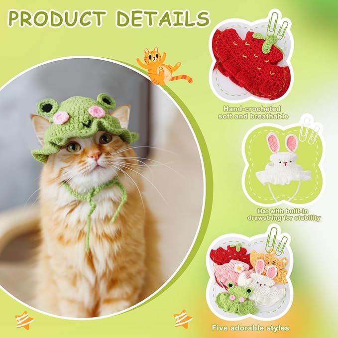 5 Pack Cute Knitted Cat Hats Dog Hats – Frog Strawberry Pink Flower Tiger Rabbit Funny Hat for Cats Dogs Small Pets Birthday Costume Accessories