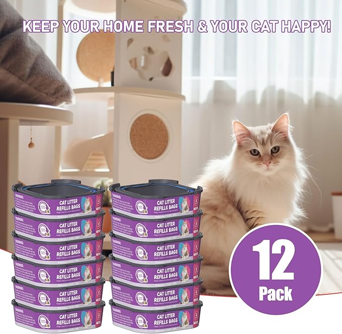 Cat Litter Refill Bags Cartridge, Compatible with Litter Cat Genie Standard, Plus, XL, XL+ Pail Refills, 7-Layer Odor Control Pet Waste Bags 12 Pack