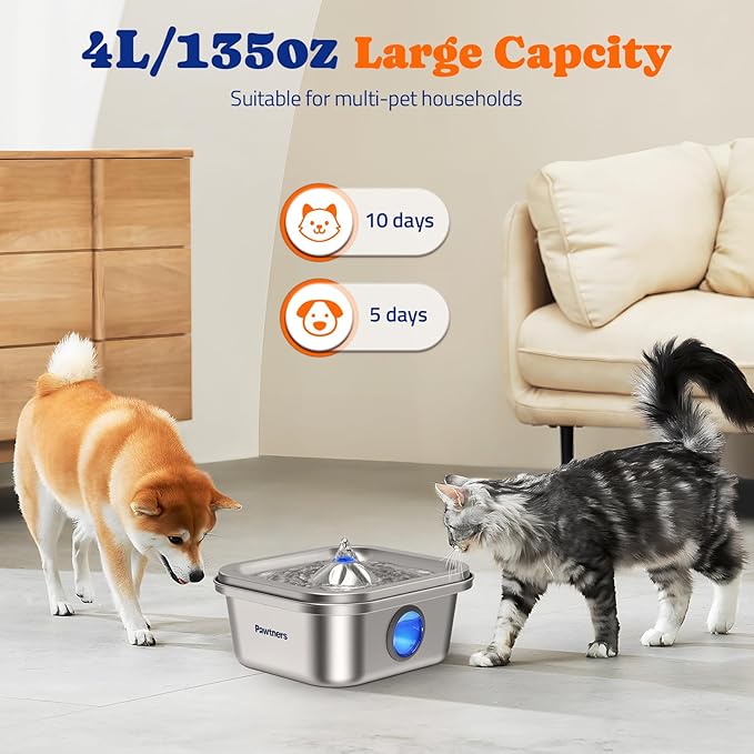 Cat Water Fountain Stainless Steel, 4L/135oz Pet Fountain, Automatic Dog Drinking Dispenser with Water Level Window, Filter, Quiet Pump, Silver