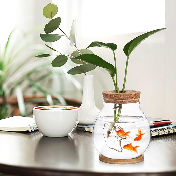 Milisten Desktop Fish Tank Small Glass Bowl with Wood Lid and Bamboo Cushion Hydroponic Plant Terrarium Betta Fish Aquarium for Home Office Decoration