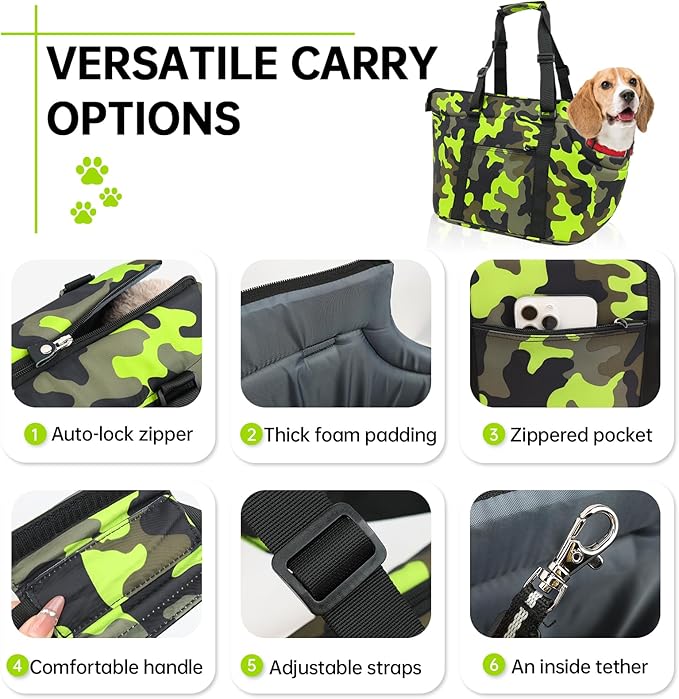Premium 10mm Padded Dog Purse Carrier for Large Dog, Pet Tote Bag Shoulder Carrying Purse for Dog/Cat Below 7kg/15.5lbs - Camouflage Green