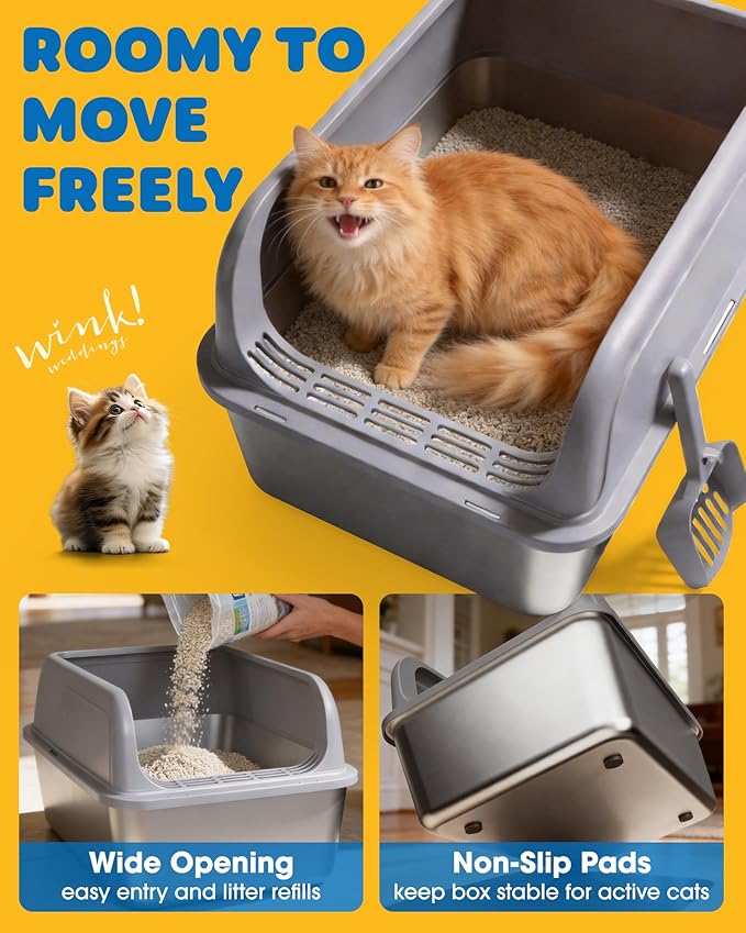Stainless Steel Cat Litter Box, Metal Litter Box with Scoop, High- Sided, Anti-Leakage Top Entry, Non-Sticky, Easy to Clean, Grey, XL (1 Pack)