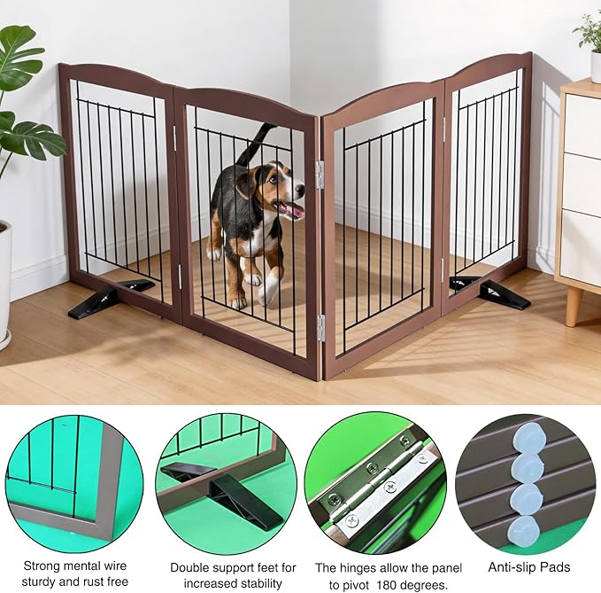 ZJSF Freestanding Dog Fence Indoor, Foldable Dog Gate for Doorways, Stairs or Hallways, Sturdy Wood Extra Wide Pet Gate with Support Feet for The House, Brown, 24 "Height-4 Panels