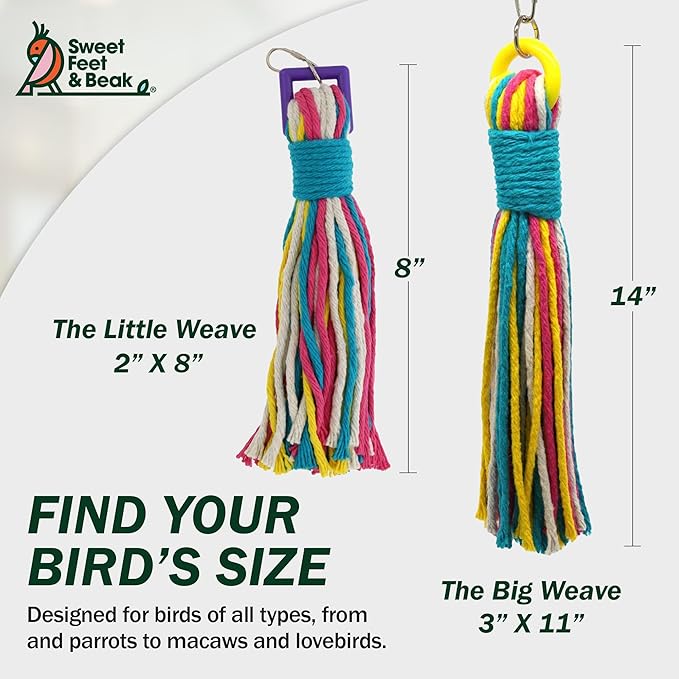 Sweet Feet & Beak Cotton 11" Rope Toy - Colorful Parrot Chew Toys for Shredding & Chewing - Engaging & Stimulating for Parrots, Small & Large Sized Birds - Cage Accessories
