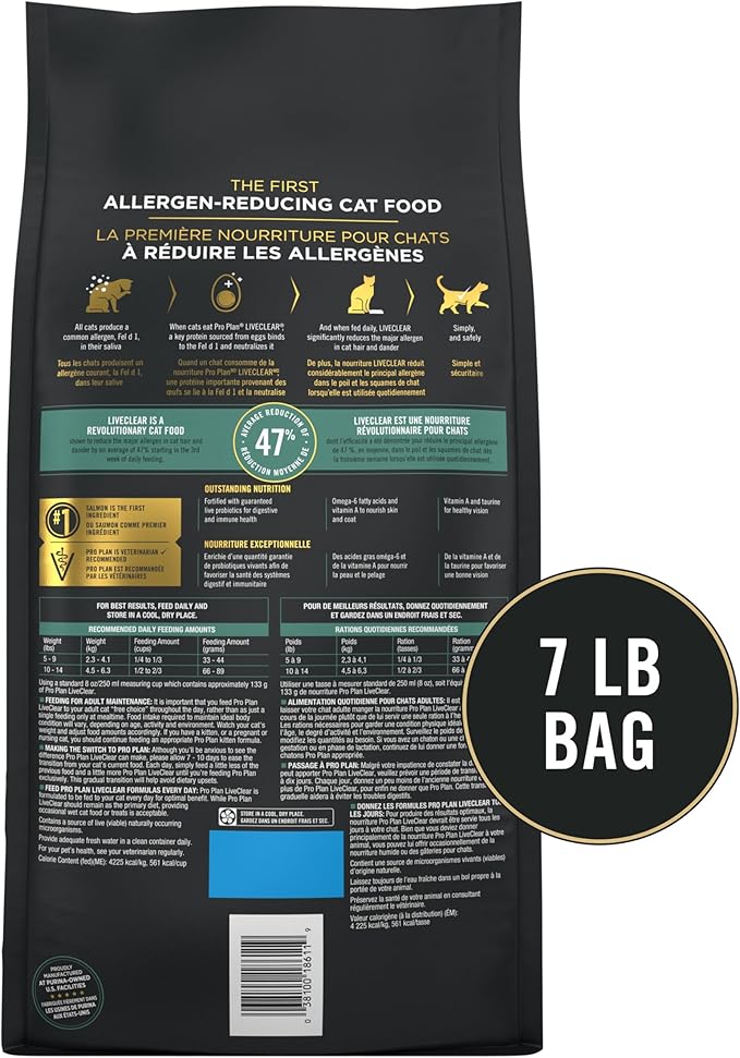 Purina Pro Plan Allergen Reducing, High Protein Cat Food, LIVECLEAR Salmon and Rice Formula - 7 lb. Bag