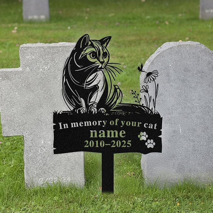 Custom Cat Grave Marker Outdoor, Personalized Metal Cat Memorial Grave Stake with Name and Date, Outdoor Waterrproof Cats Memorial Plaque