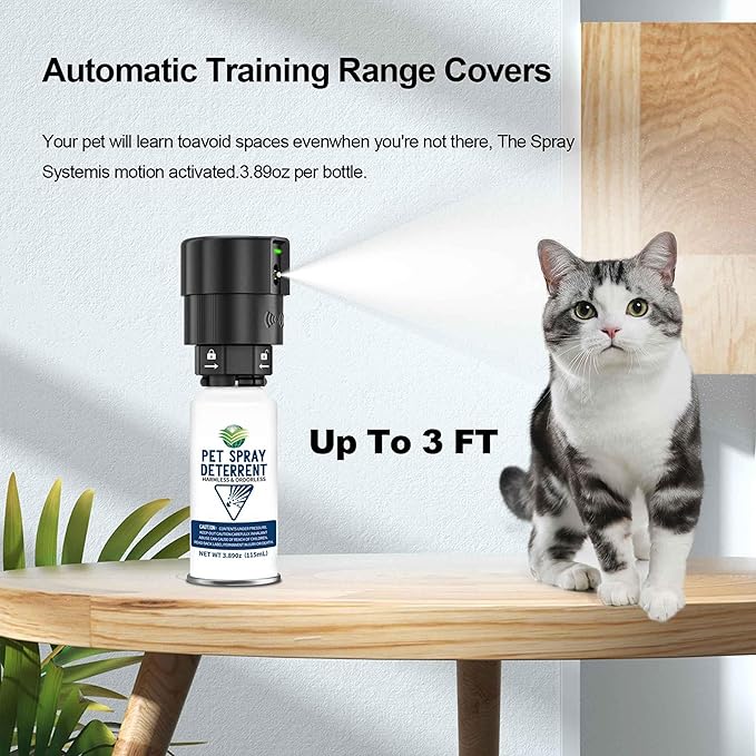 Cat Spray Deterrent System [ 4 Pack ] Cat Deterrent Spray, Motion Activated Pet Deterrent Spray System for Cats & Dogs Odorless Pet Deterrent, Senses Pets Up to 3 Feet Away, Friendly & Safe