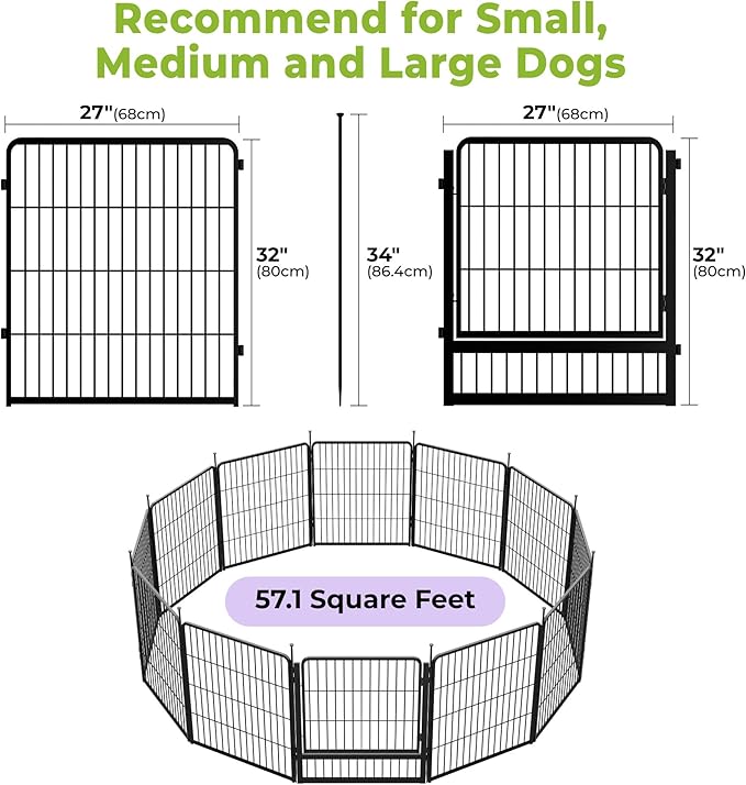 SunsGrove Dog Playpen Outdoor, Heavy Duty 32 Inch 12 Panels Dog Playpen for Small and Medium Dogs, Free and Safe Play Dog Fence Indoor, Black