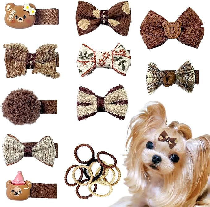 10pcs Brown Dog Hair Clips 10pcs Rubber Bands Small Dog Bows Beige Cute Pet Grooming Accessories Alligator Clips Stay In Hair Bear Barrettes Hairpin Topknot Headdress Yorkie Puppy Maltese Girls Dogs