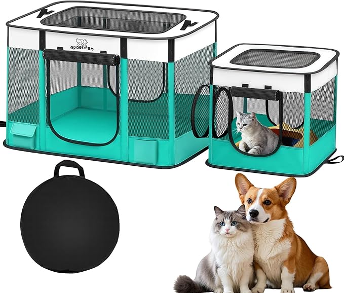 Portable Cat Pet Playpen, Foldable Cat & Small Dog Indoor/Outdoor Tent with Waterproof Base, Lockable Zippers, 600D Oxford 12-Rods 32"x24"x22" for Kitten Puppy