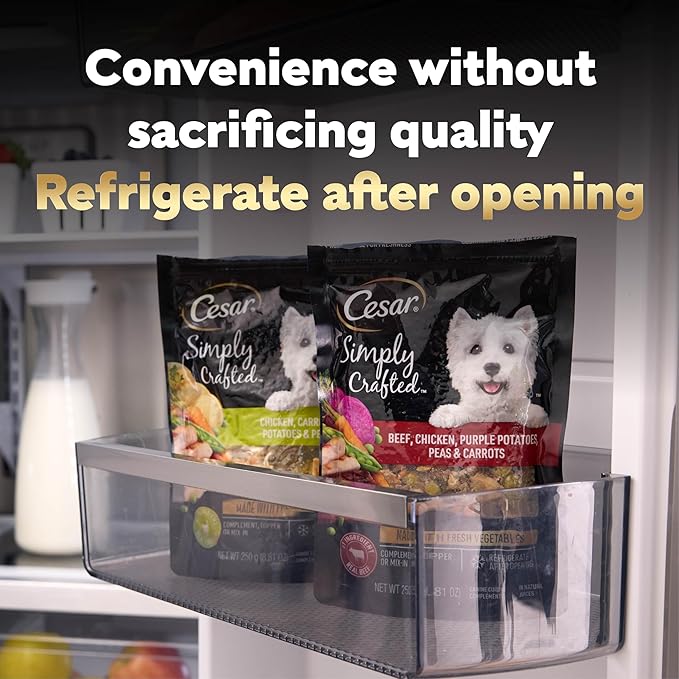 Cesar Simply Crafted Adult Wet Dog Food Toppers for Dry Food, Wet Food for Dogs, Chicken, Carrots, Potatoes & Peas, 8.82 oz. Pouches, 6 Count (Pack of 2)