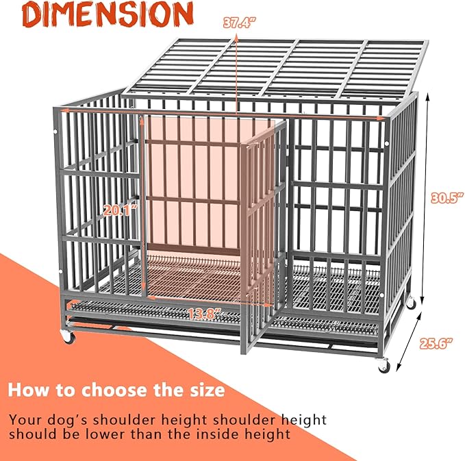 LEMBERI 38 inch Heavy Duty Indestructible Dog Crate, Escape Proof Dog Cage Kennel with Lockable Wheels,High Anxiety Double Door Dog Crate,Extra Large Crate Indoor for Large Dog with Removable Tray