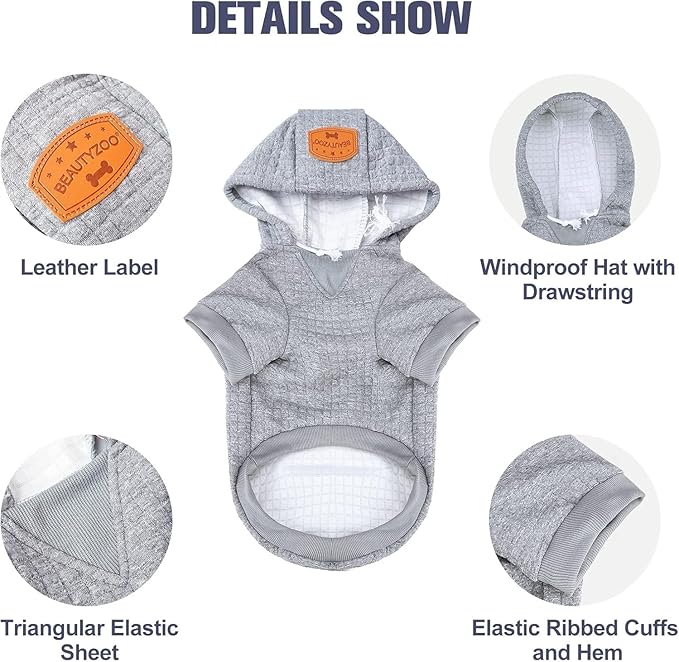 BEAUTYZOO Small Dog Hoodie Sweater with Pockets, Dog Clothes for Small Medium Dogs Boy Girl, Waffle-Like Laminated Cotton Pet Coats with Hat and Leash Hole, Grey XL
