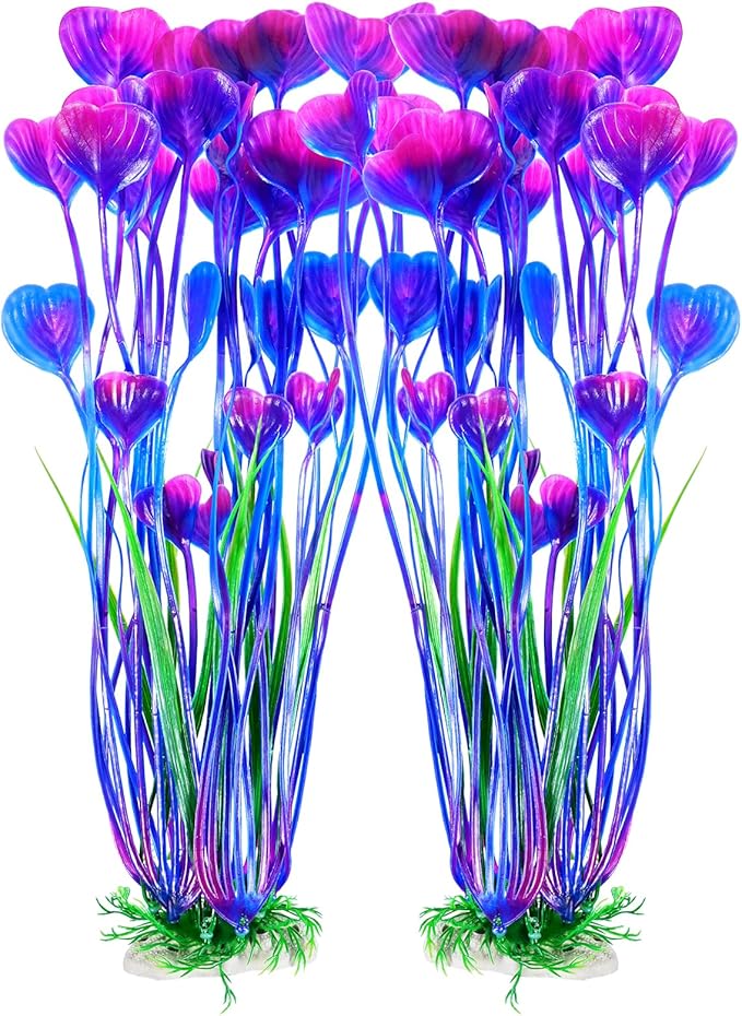 AQUANEAT Artificial Fish Tank Plants, Plastic Aquarium Accessories Large, 15.5 inch Purple Decorations, 2pcs