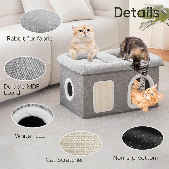 WINDRACING Cat Beds for Indoor Cats - Extra Wide Cats House for Pet and Foldable Kitten Cave Bed with Scratch Pad, Cat Hideaway Condo for Kitten, 23.4x15.9x13.2 inches, Light Grey
