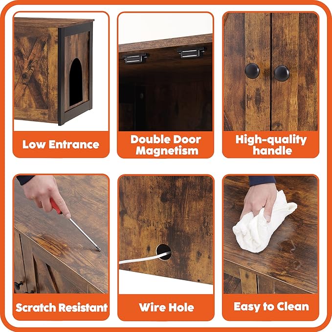 Dwanton Litter Box Enclosure, Cat Litter Box Furniture Hidden, Reversible Entrance Can Be on Left or Right Side, Wooden Cat Washroom Indoor, Rustic Brown, 27.6 Inches
