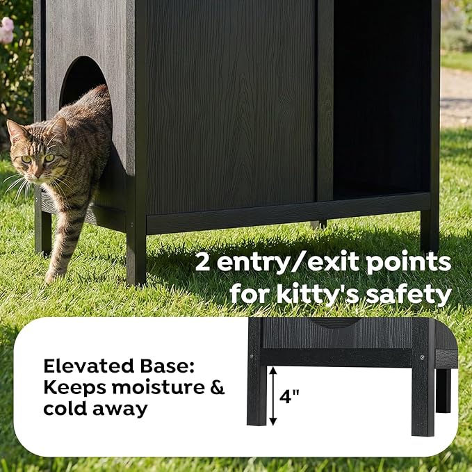 Veehoo Outdoor Cat House Weatherproof, Outside Feral Cat Shelter with Escape Door Design, Elevated Outdoor Pet Shelter for Stray Cats
