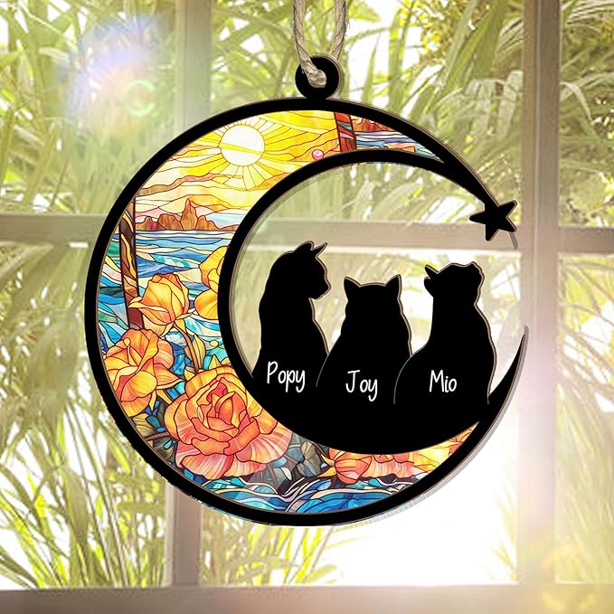 Personalized Cat Memorial Suncatcher – Custom Pet Suncatcher with Name and Breed for Up to 3 Cats, Sympathy Gift for Pet Loss, Memorial Gift for Cat Lovers