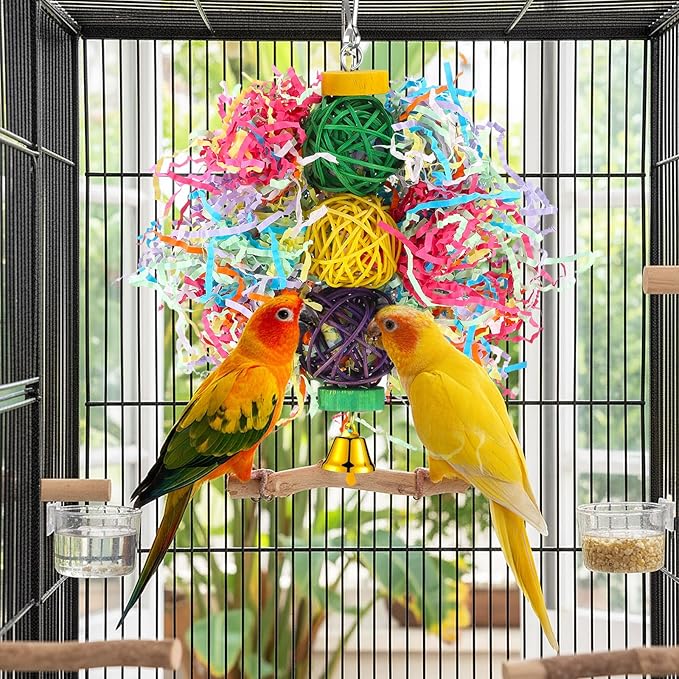 6 Pcs Bird Toy Parrot Chew Toy for Large Birds Rattan Ball Crinkle Paper Bird Shredding Toys Parrots Cage Accessories with Bell for African g Parrots Cockatoos Macaws Small Medium Parrot