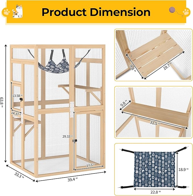 Catio Outdoor Cat Enclosure - Premium Wooden Cat Catio with Window Access & Breathable Mesh, Weatherproof Kitty House for Patio/Backyard/Indoor (Wood)