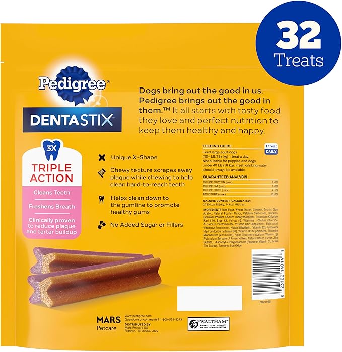 Pedigree Dentastix Dog Dental Treats, Dual Flavor Large Breed Dog Treats, Bacon & Chicken Flavor, 1.47 lb. Bag (32 Treats Total)