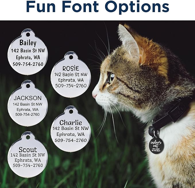 GoTags Personalized Small Indoor Cat Tag - Engraved with 4 Lines of Custom ID, Blue Stainless Steel Round Pet ID Tag
