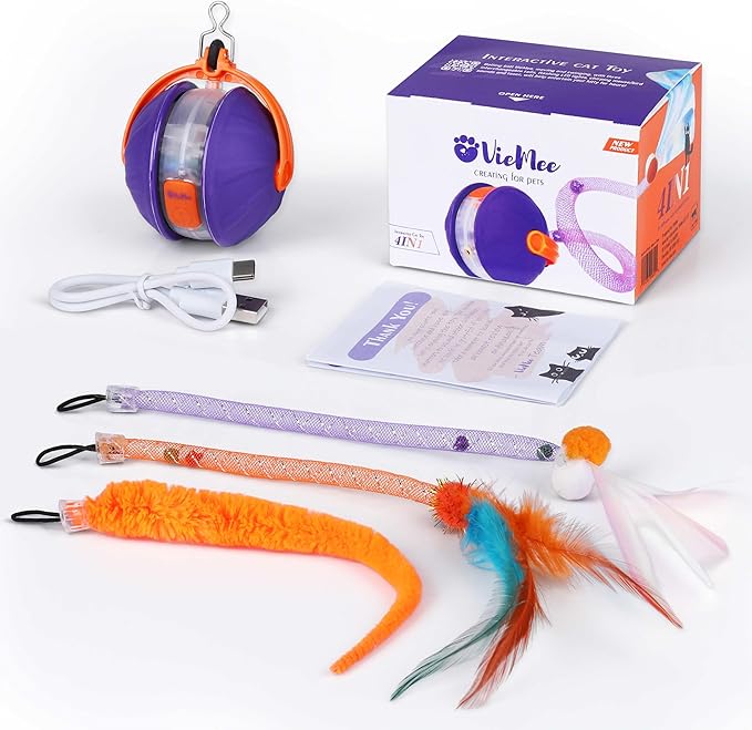 Interactive Cat Toy - Automatic Laser & Motion Toy for Indoor Cats, 4-in-1 with 3 Interchangeable Tails, Rechargeable Electronic Pet Toy for Kittens & Adult Cats