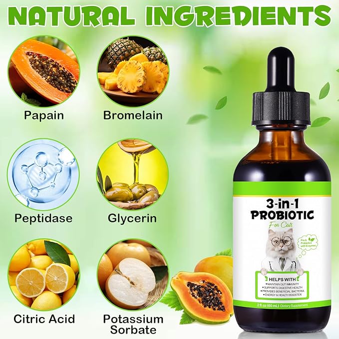 3-in-1 Probiotics for Cats with Digestive Enzymes & Prebiotics – Supports Gut Health, Immune System & Diarrhea Relief – 60ml for Cats of All Ages