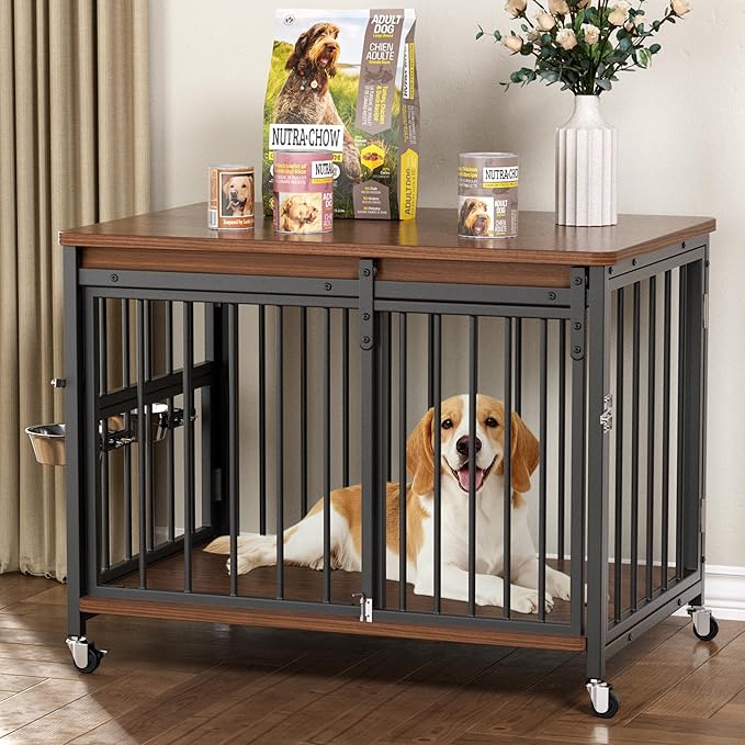 Dog Crate Furniture, 32’’ Wooden Dog Kennel Indoor with Sliding Front Door, Multi-Side Openings & Feeding Window Pet Cage House as TV Stand, End Table for Medium Dogs