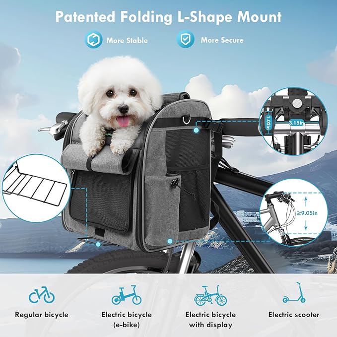 Dog Front Bike Basket 4-in-1 Pet Carrier Backpack & Car Seat, 22lbs Load, Stable L-Shaped Mount for E-Bikes (Display <3.15"), Reflective Waterproof Folding Bicycle Bag for Small Medium Dogs