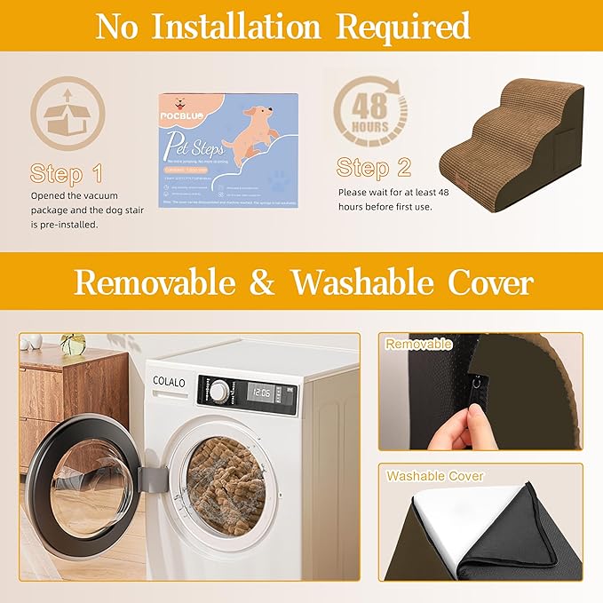 Dog Stairs for Small Dogs, Wide Pet Step with Removable Cover, No Assembly High Density Foam Cat Ramp for Bed or Sofa, 5-Step, Light Brown
