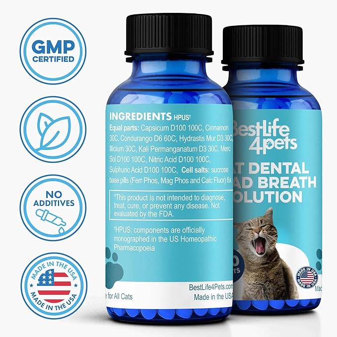 Cat Bad Breath & Oral Health Remedy, Natural Dental Care Cats Teeth, Mouth and Gums, Easy to Use Daily Supplement for Stomatitis, Gingivitis, Plaque & Tartar Control for Cats, 800 Small Pills