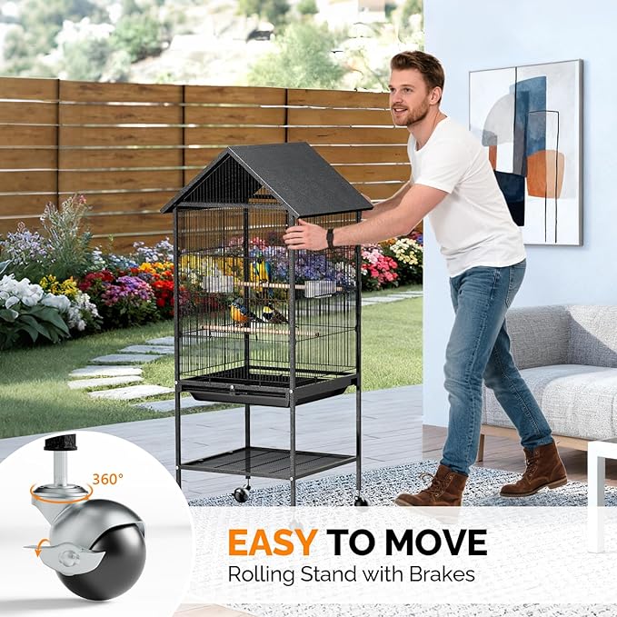 VINGLI Bird Cage with Wheels, 50 inch Wrought Iron Cage with Spire Roof, Bird Cages with Rolling Stand for Parrots, Cockatiels, Budgies, Lovebirds, Small/Medium Birds (50" H with Spire Roof)