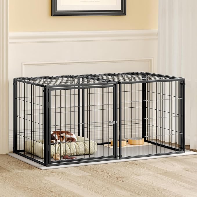 Nyahab 48" Large Dog Cage for Medium Dogs and Puppies, Indoor Metal Kennel Playpen with Removable Top Cover, Heavy-Duty Pet Crate with Adjustable Door, Black