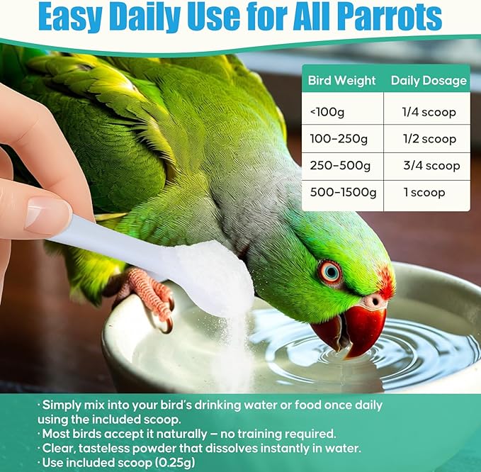 Parrot Calming Supplement – Natural Bird Stress Support Powder for Fireworks, Travel & Visitors – Vet-Formulated – Easy to Use Daily Support for Parrots – 4oz (450 Servings)