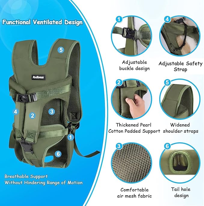 PetBonus Pet Front Dog Carrier Backpacks, Adjustable Pet Backpack, Legs Out Easy-fit Puppy Chest Carrier for Medium Small Dogs, Hands Free for Hiking, Cycling (Army Green, M)