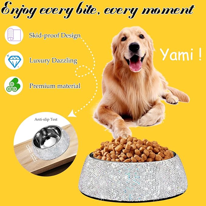 SlowVibes Bling Stainless Steel Dog Bowls,18oz Detachable Rhinestone Metal Food Water Bowl for Feeding Dogs Cats,Rust Resistant Non-Slip Puppy Dish,Sparkle Essentials for Small Medium Large Girl Pets