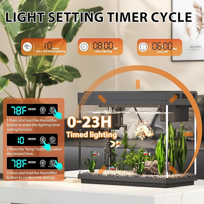 Fish Tank 2.4 Gallon Aquarium with Heater, 3-in-1 Silent Pump with Filteration & Oxygenation & Circulation, 7-Color Timer Cycle Light, Temperature Display, Humidifier, HD Glass Fish Bowl