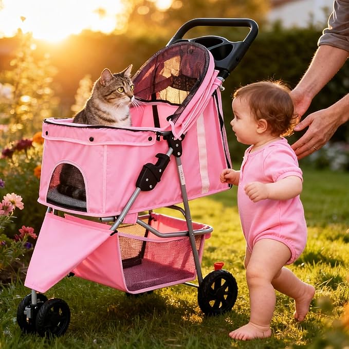 Sweetcrispy 3 Wheels Pet Stroller for Small Dogs and Cats – Foldable Dog Stroller with Mesh Windows, Storage Basket & Cup Holder, Lightweight & Durable Pet Carrier for Travel, Outdoor Use, Pink