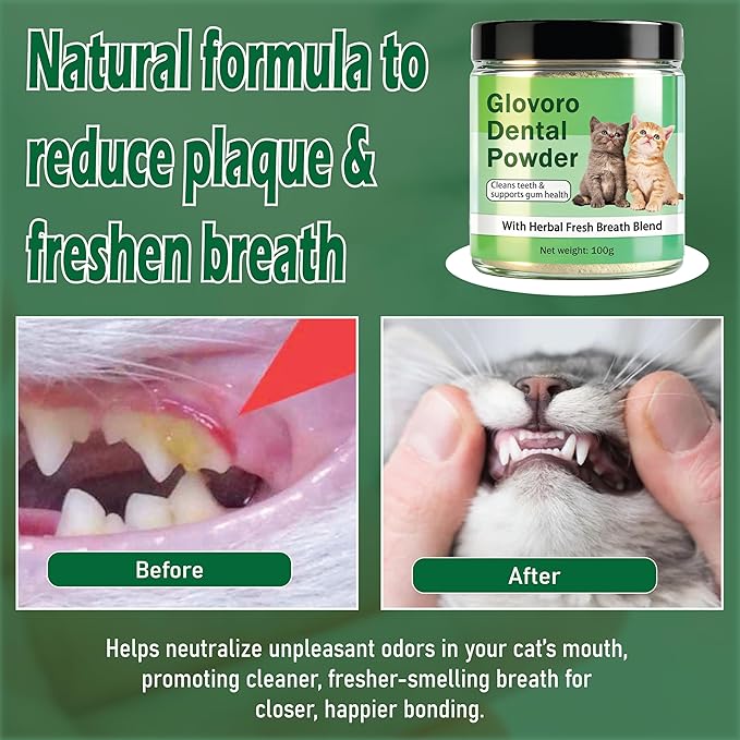 Glovoro Cat Dental Powder, Dental Powder for Cats, Relieve Gum Redness Tartar, Breath Freshener,Daily Dental Care Powder, 100g