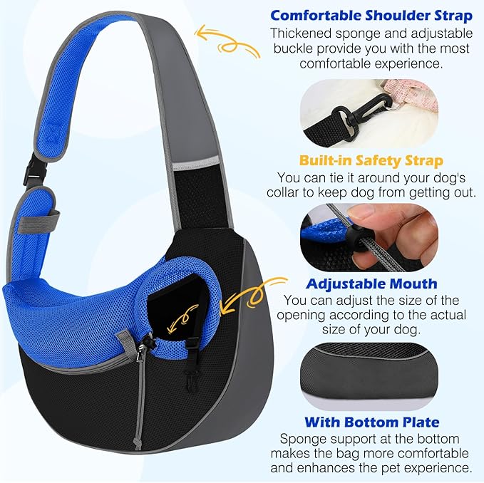 Pawaboo Dog Sling Carrier, Hand Free Breathable Mesh Bag for Puppy Cat, Drawstring Dog Papoose with Adjustable Strap and Pocket, Crossbody Satchel Dogs Purse for Outdoor Travel, L, Indigo