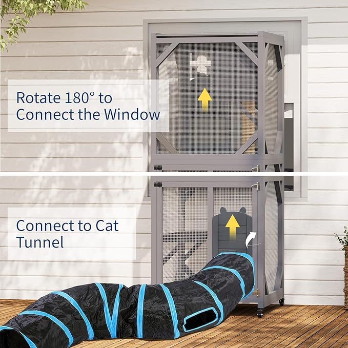 4 Tiers Outdoor Cat Enclosure on Wheels, 68'' Catio with Window Access, Weatherproof Roof Cats House with Scratch Post, Platforms and Resting Box Grey