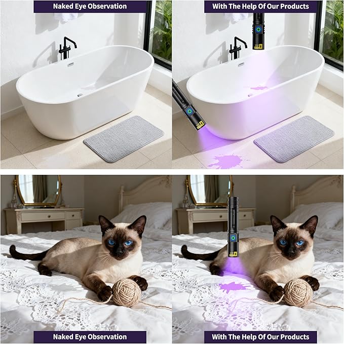 365nm UV Flashlights Rechargeable, Blacklight with USB-C Cord for Pet Urine, Resin Curing, Carpet Stains, Scorpions, and Bed Bug Inspection