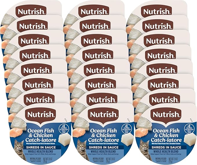 Nutrish Grain Free Wet Cat Food Ocean Fish & Chicken Catch-iatore Whole Health Blend with Real Flaked Ocean Fish & Shredded Chicken in Sauce, 2.8 oz. Cup (Rachael Ray) (Pack of 24)