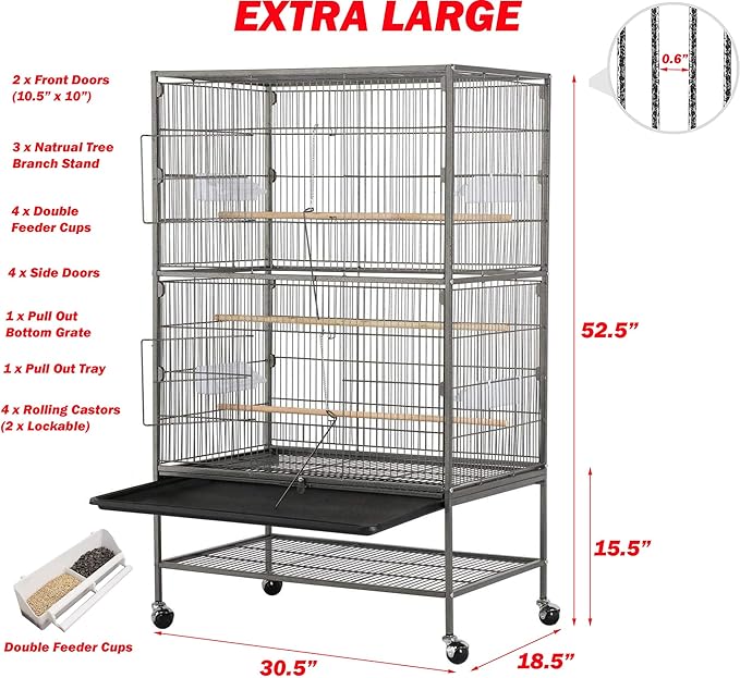 Extra Large Durable Wrought Iron Metal Bird Flight Parrot Breeder Home Cage with Double Large Front Doors Side Pull Up Doors Rolling Stand Storage Shelf Lockable Wheels
