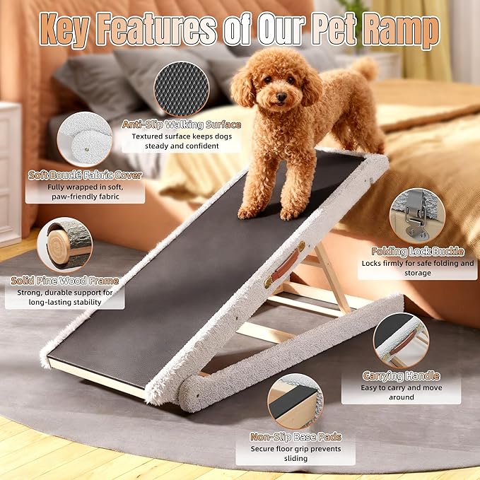 Dog Ramp for Bed – Foldable Wooden Pet Ramp with Soft Plush Fabric Cover 14"–20" Adjustable Height, Non-Slip Surface & Wide 17.7" Platform–Supports Small to Large Dogs up to 200 lbs