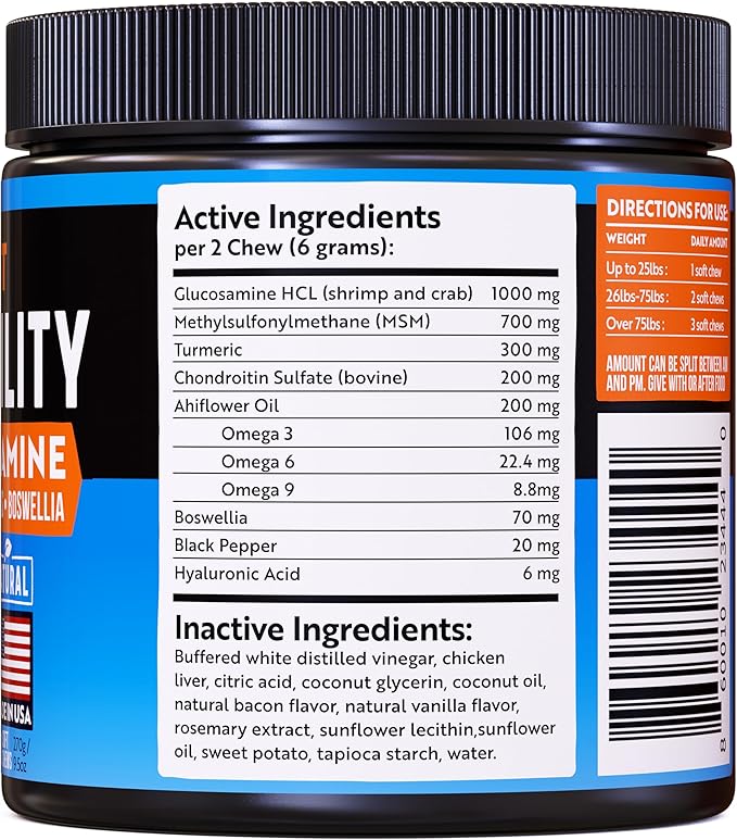 Glucosamine for Dogs -1000mg- Senior Dog Joint Supplement -Advanced Hip & Joint Support Chews w/Glucosamine, Chondroitin, MSM, Turmeric & Omega 3 for Pain & Inflammation Relief, Improved Mobility