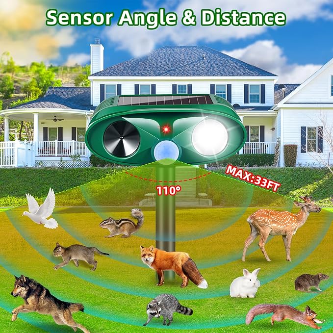 2026 New Solar Ultrasonic Animal Repeller Outdoor Deer Repellent Devices with Motion Sensor & Flashing Light,Animal Deterrent Devices for Cat Squirrel Raccoon Dog Rabbit Skunk for Yard Garden,4 Pack